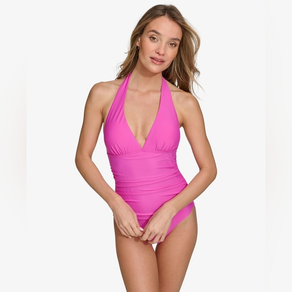 DKNY Women Tie Back Halter Style One Piece Swimsuit Carnation Pink Various Sizes